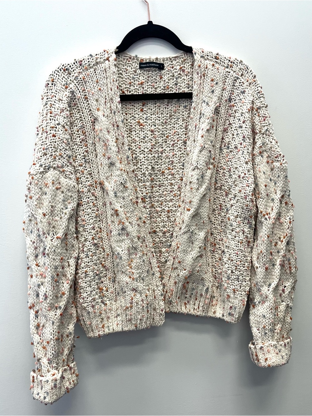 moon & madison Cream Chenille Speckled Cable Knit Open Cardigan